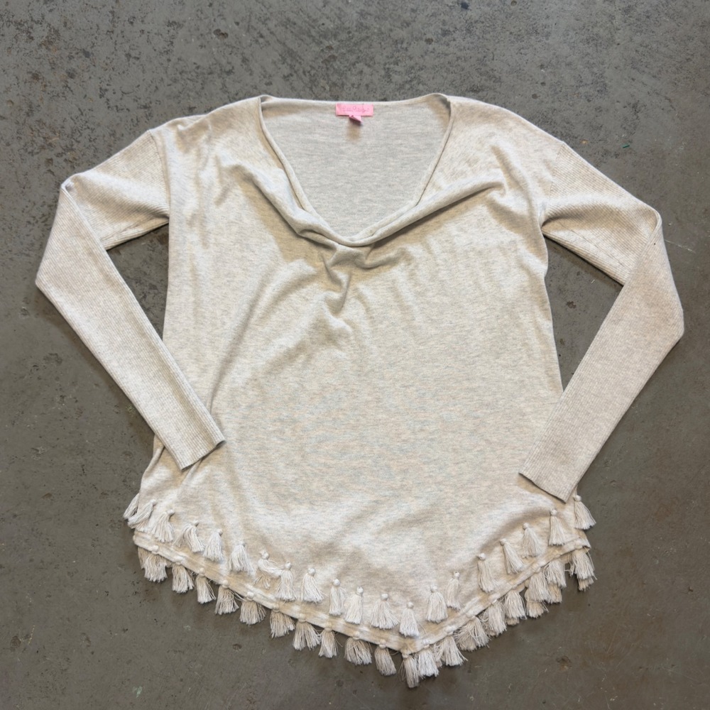 Lilly Pulitzer Ferrera Tassel Gray Cowl Neck Asymmetrical Hem Knit Top XS - Picture 3 of 8